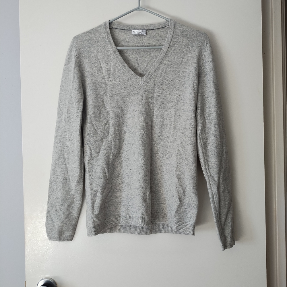 BRUNELLO CUCINELLI Grey 100% Cashmere V Neck Suede Elbow Patch Sweater M
